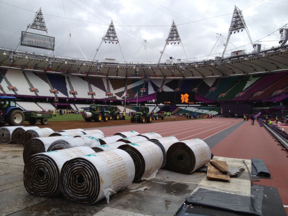 Preparing to lay turf at the London 2012 Olympic Stadium